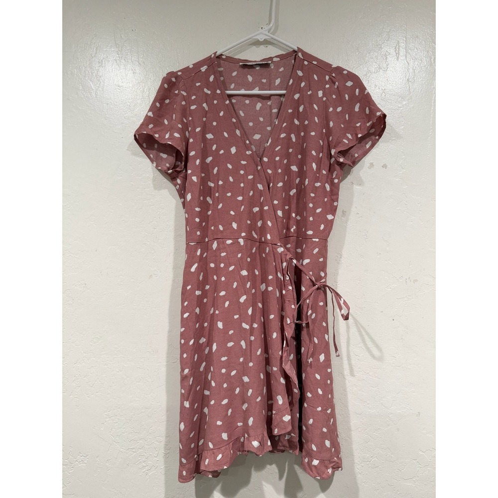 Abercrombie & Fitch Pink Polka Dot Ruffle Wrap Dress Short Sleeve Small Petite - Picture 2 of 4